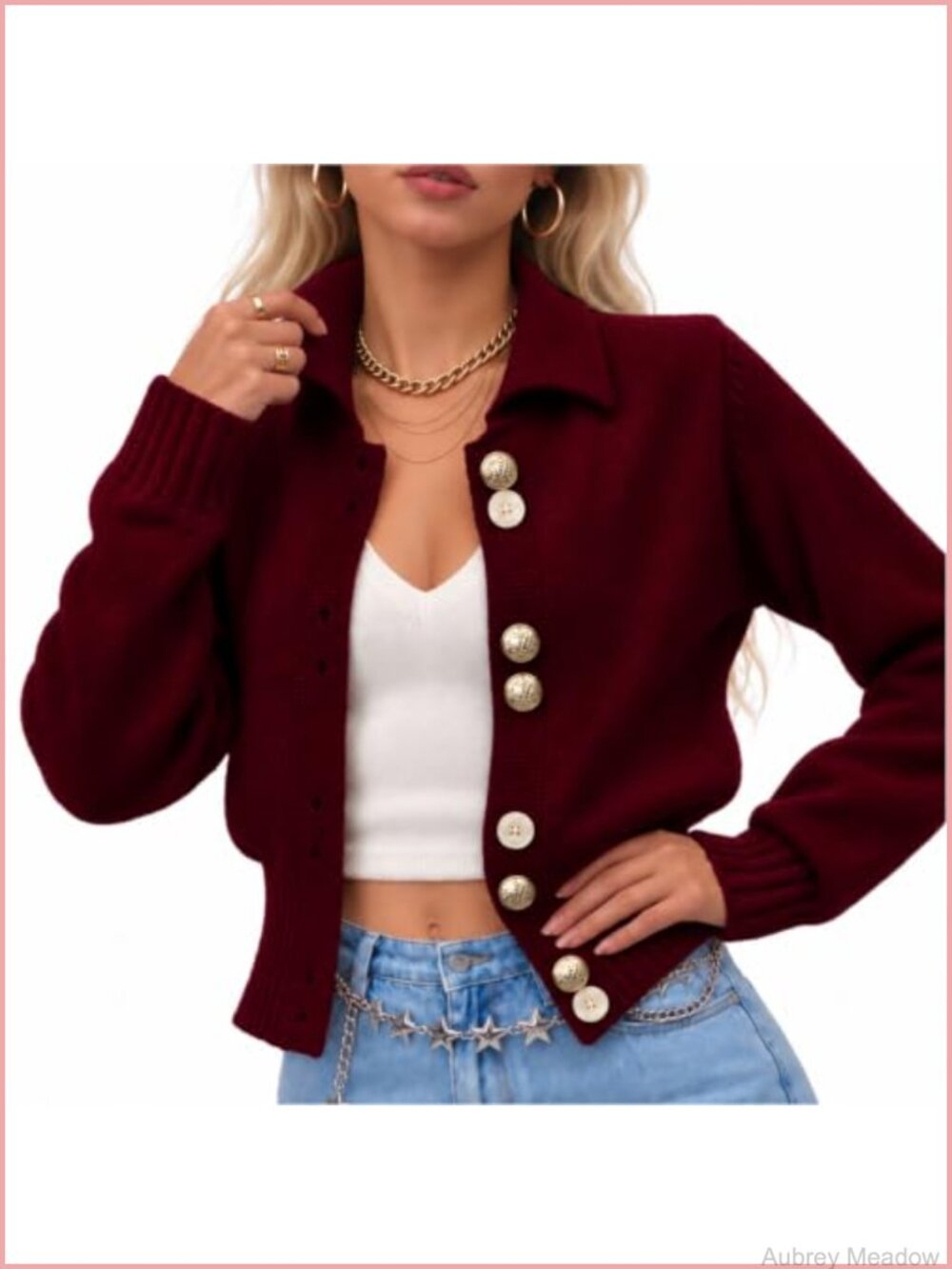 Knit Cardigan Sweater Cropped Fit Gold Button Polo Collar Fall Winter